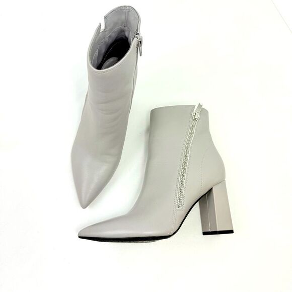 Marc Fisher GABBLE Sleek Gray Leather Side Zip Pointed Toe Block Heeled Boots - Picture 3 of 15